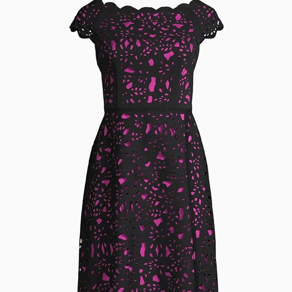Elegant Black and Pink Lace Fit & Flare Midi Dress